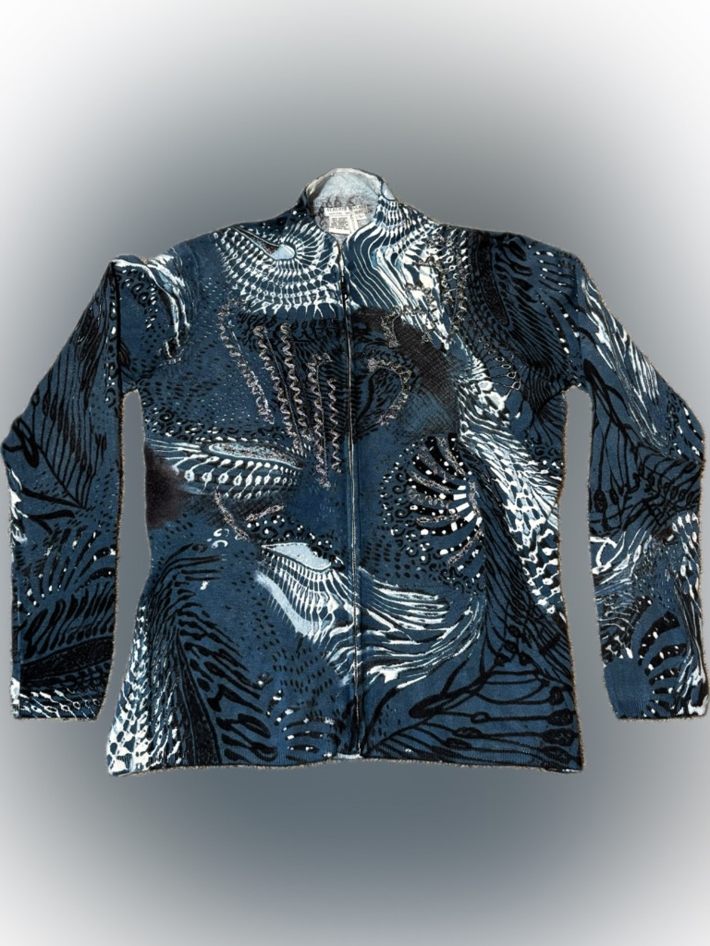 E85 Alberto Makali Teal and White Abstract Zip Cardigan, Size L